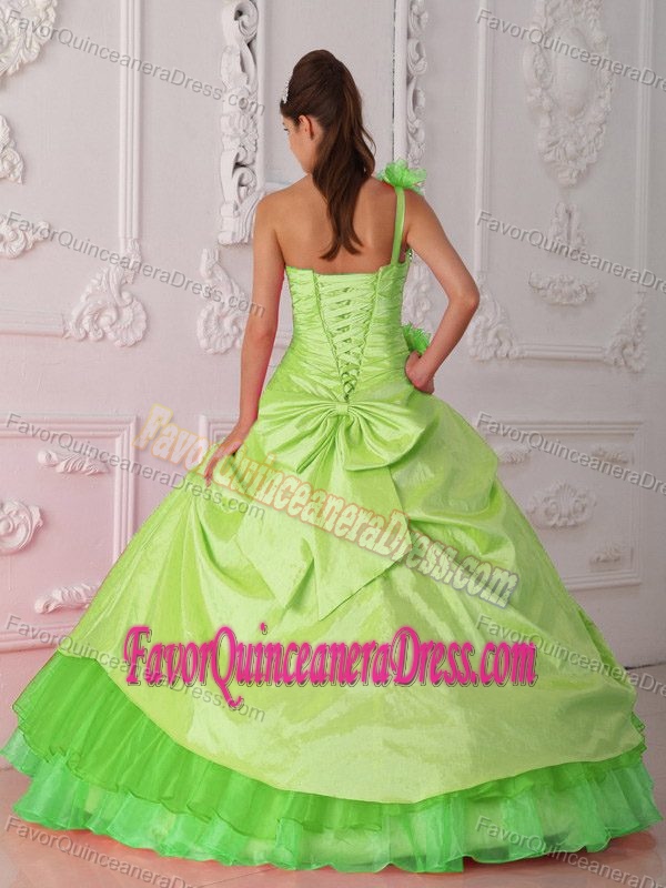 Quince Dress in Lime Green One Shoulder Taffeta with Beading and Flowers