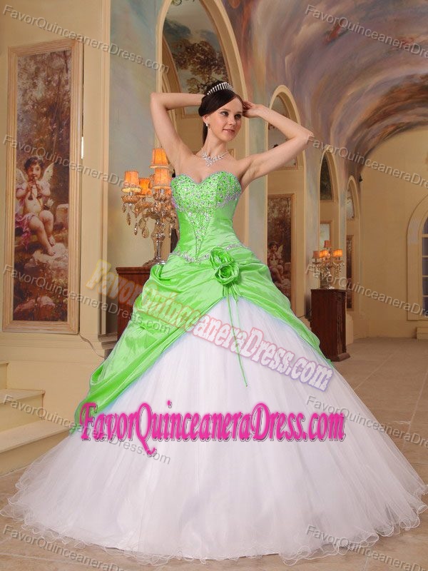 Perfect Green and White Sweetheart Beading Tulle and Taffeta Quince Gown