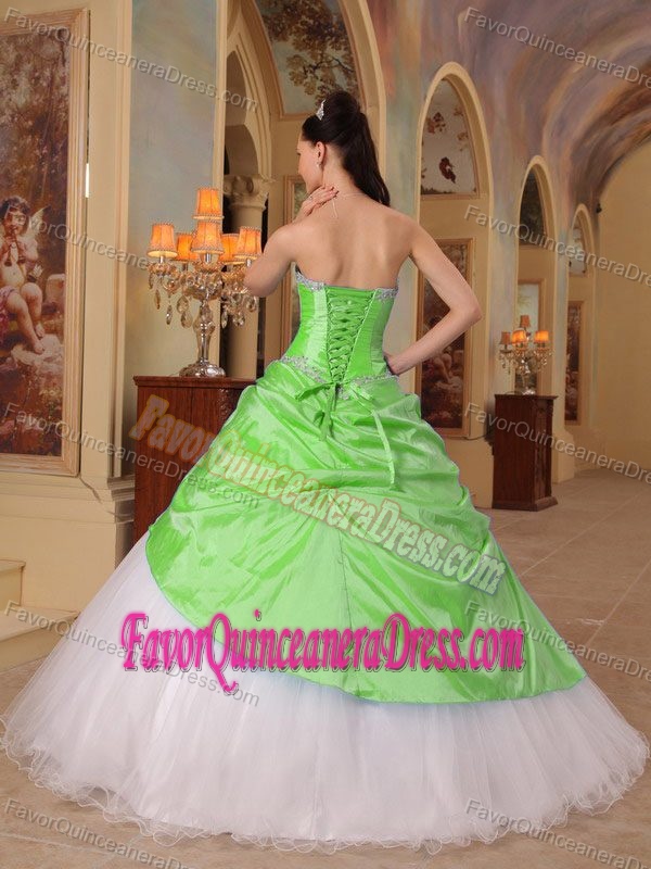 Perfect Green and White Sweetheart Beading Tulle and Taffeta Quince Gown