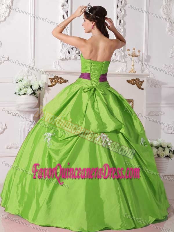 Lime Green Strapless Taffeta Beading and Ruches Quince Gown with Sash