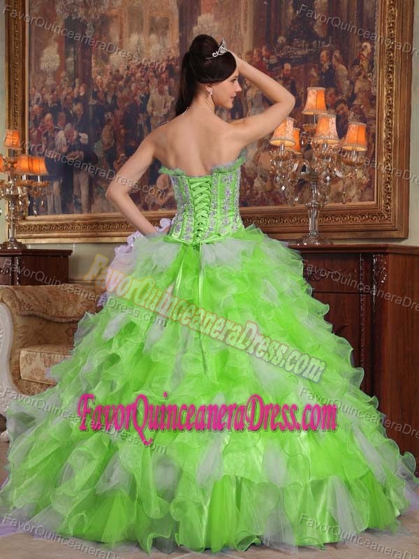 Sexy Lime Green Strapless Organza Quince Dress with Applique and Ruffles