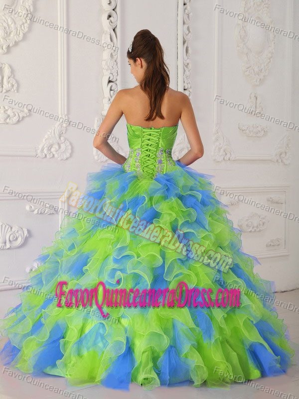 Multi-color Strapless Organza Ruffles Appliques and Flower Quinces Dress