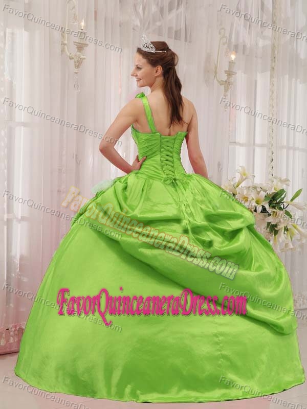 Best Lime Green Quinceanera Dress One Shoulder Taffeta Beading Pick-ups