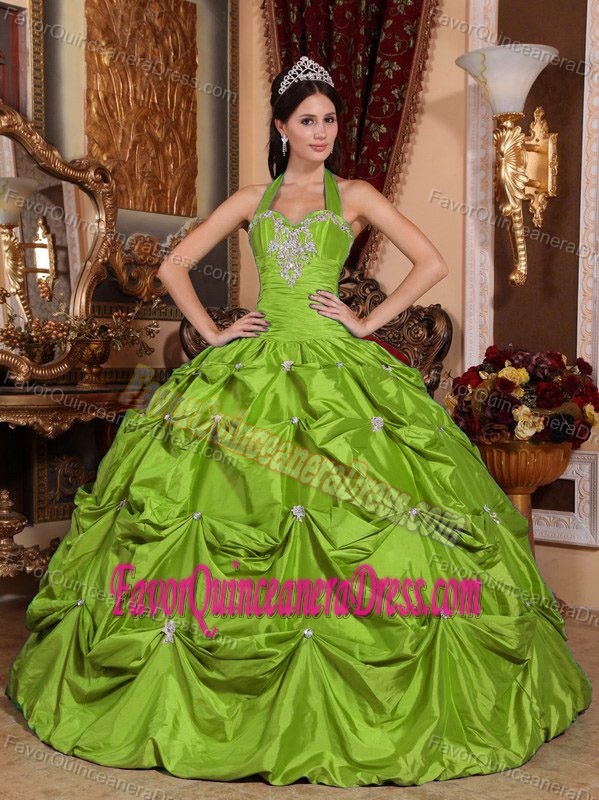 Spring Green Appliques Taffeta Halter Quinceanera Gown Dresses for Cheap