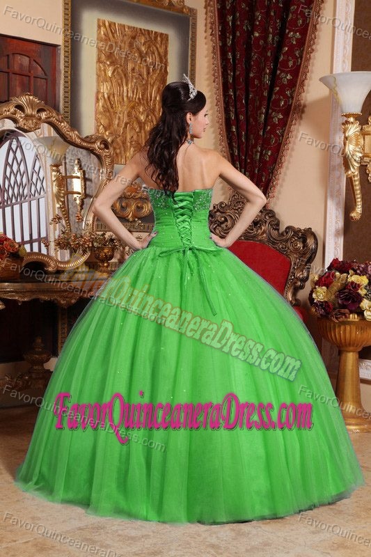 Tulle Green Organza Ruched Quinceanera Gowns with Beading and Embroidery