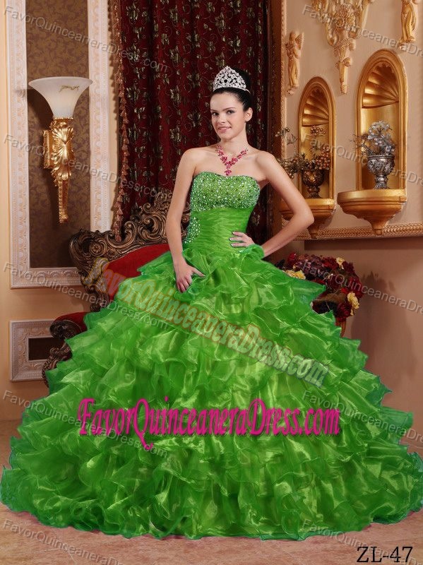 Ruffled Green Beaded Strapless Organza Sweet 16 Dresses with Ruches 2014