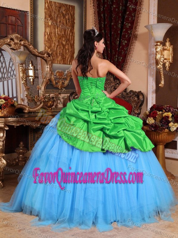 Strapless Green and Blue Appliques Beaded Dresses for Quinceanera Cheap