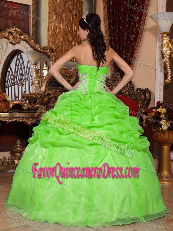 Strapless Organza Spring Green Quince Dress with Appliques with Pick-ups