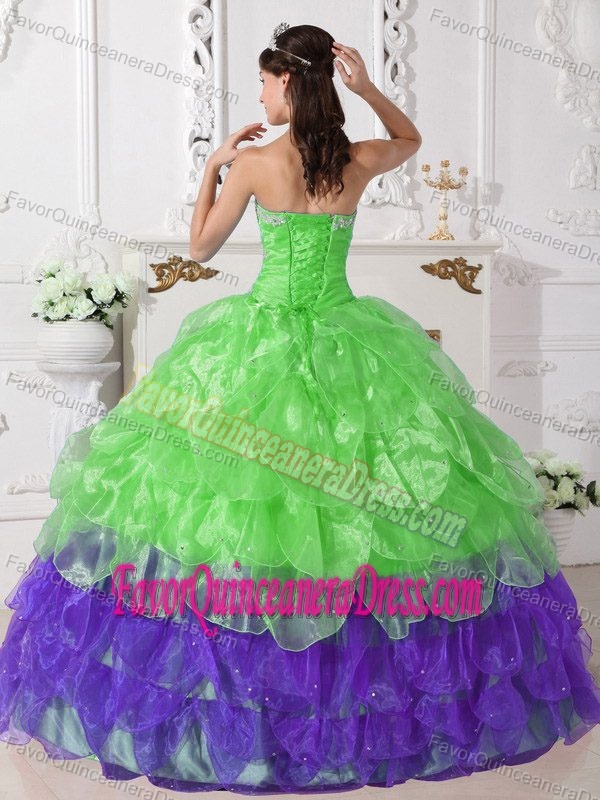 Multi-Tiered Spring Green and Purple Organza Appliques Quinceanera Gown