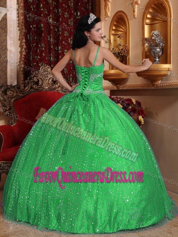 Ornate Sequined Green Spaghetti Straps Beaded Appliques Sweet 15 Dresses