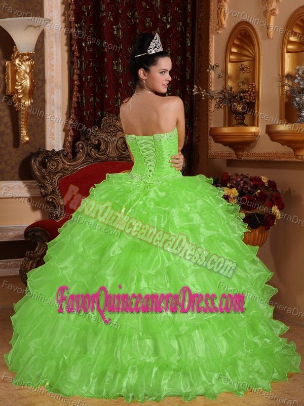 Beaded Spring Green Strapless Organza Quinceanera Dresses with Ruffles
