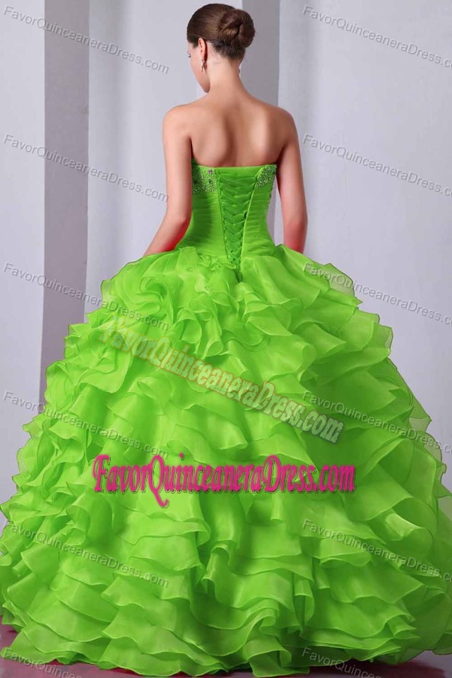 Stunning Sweetheart Green A-Line Organza Beads Ruffles Quinceanera Dress