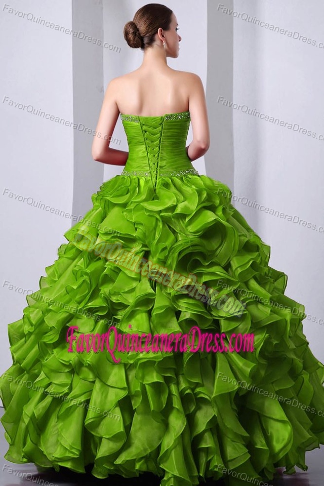 Olive Green Organza A-Line Sweetheart Beading Quinceanera Gowns Ruffled