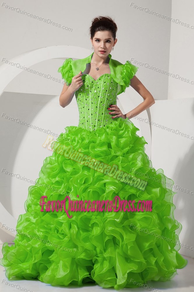 Sweetheart Spring Green Organza A-line Beading Sweet 16 Dresses for Sale