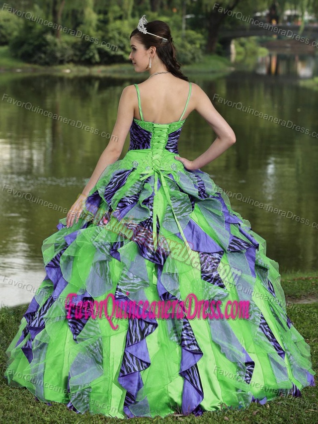 Organza Ruffled Beading Colorful Quinceanera Dress with Spaghetti Straps