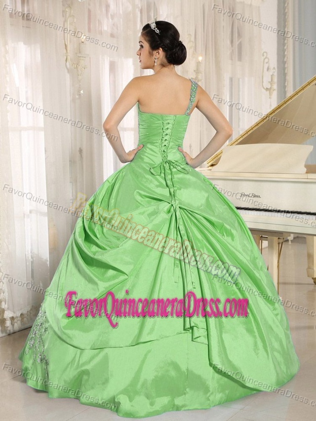 Turn Heads Spring Green One Shoulder Appliques Quinceanera Dress Beaded