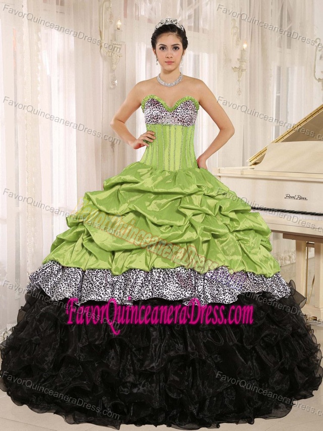 Leopard Sweetheart Yellow Green and Black Quinceanera Gown with Ruffles