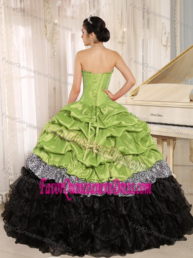 Leopard Sweetheart Yellow Green and Black Quinceanera Gown with Ruffles