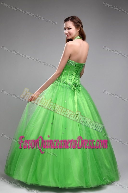 Vintage-Inspired Beaded Green Halter Tulle Dresses for Quinceanera 2013