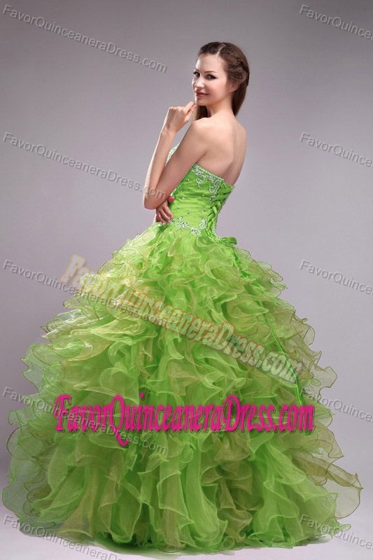 Organza Sweetheart Appliques Quinceanera Dresses Ruffled in Yellow Green