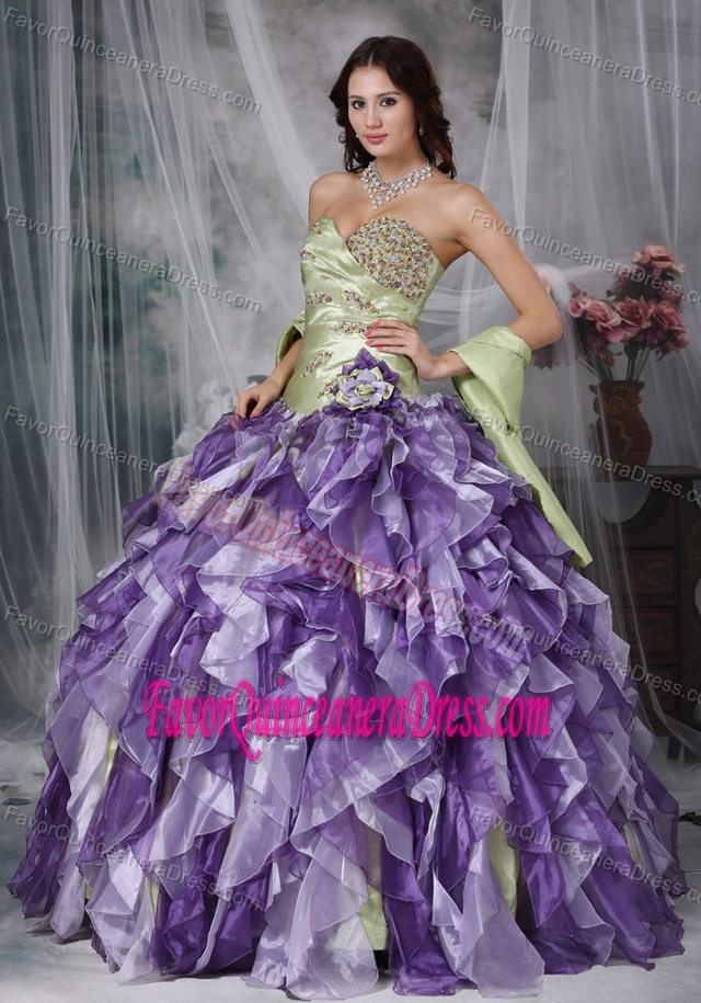 Beaded Sweetheart Colorful Organza Quinceanera Dresses with Ruffles and Shawl