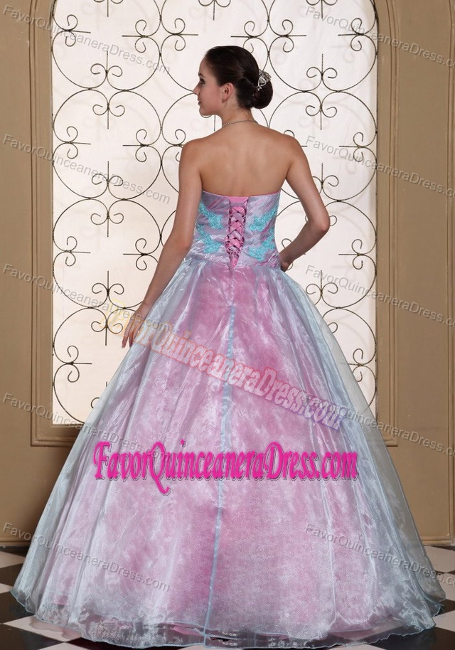 Fashionable Baby Blue Strapless Organza Quinceanera Gown Dress with Appliques