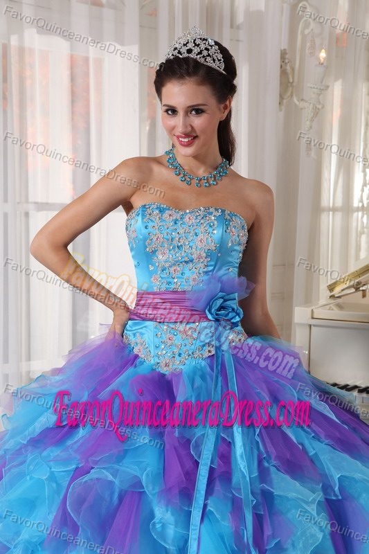 Sweetheart Appliqued Organza Blue and Purple Quinceanera Dresses with Flowers