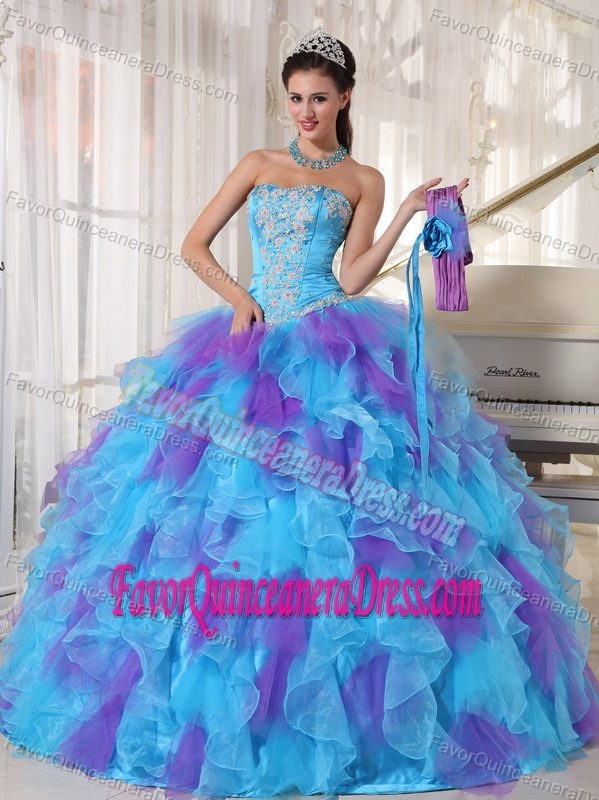 Sweetheart Appliqued Organza Blue and Purple Quinceanera Dresses with Flowers