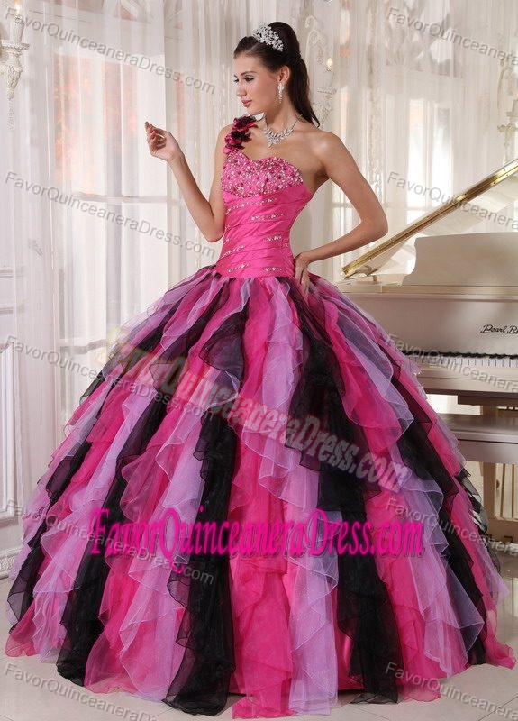 Amazing Multi-colored One-shoulder Quinceanera Dress with Ruffles and Beading