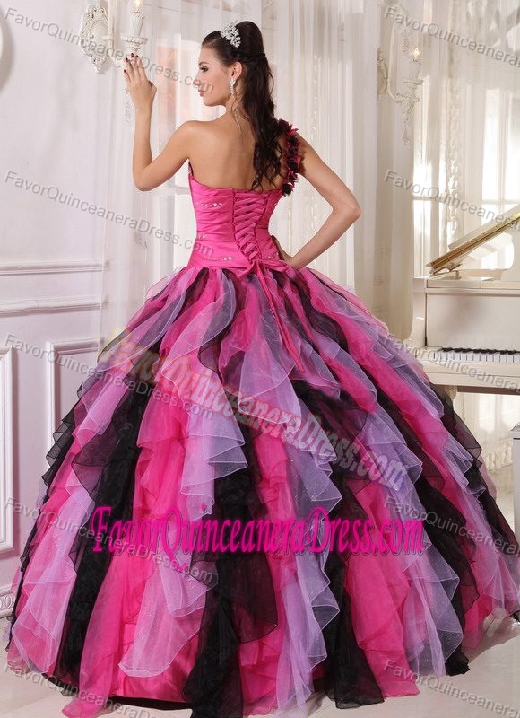 Amazing Multi-colored One-shoulder Quinceanera Dress with Ruffles and Beading