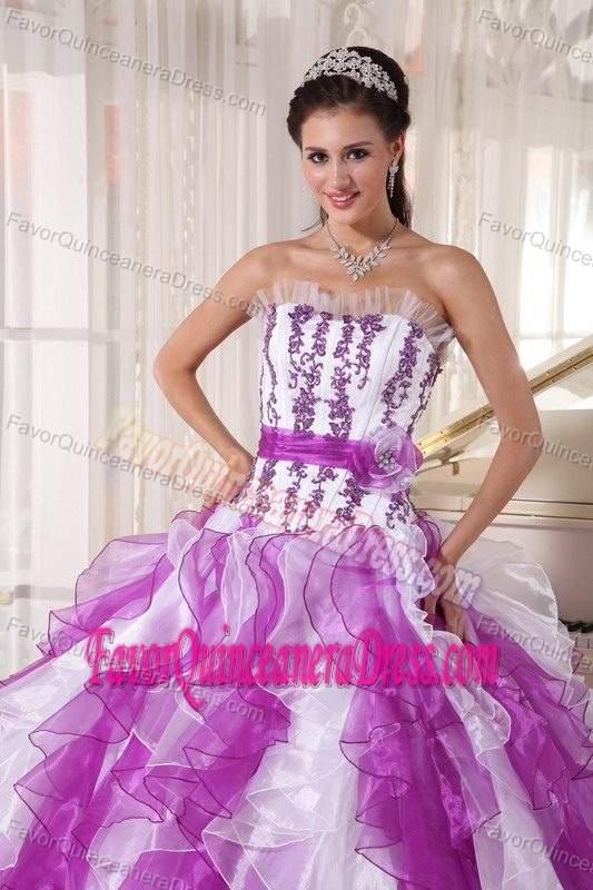 Fuchsia and White Organza Strapless Quinceanera Dresses with Ruffles and Flower