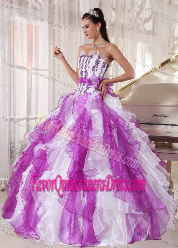 Fuchsia and White Organza Strapless Quinceanera Dresses with Ruffles and Flower