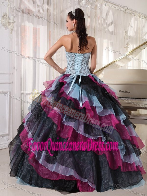 Fabulous Strapless Multi-colored Organza Dress for Quince with Layered Ruffles