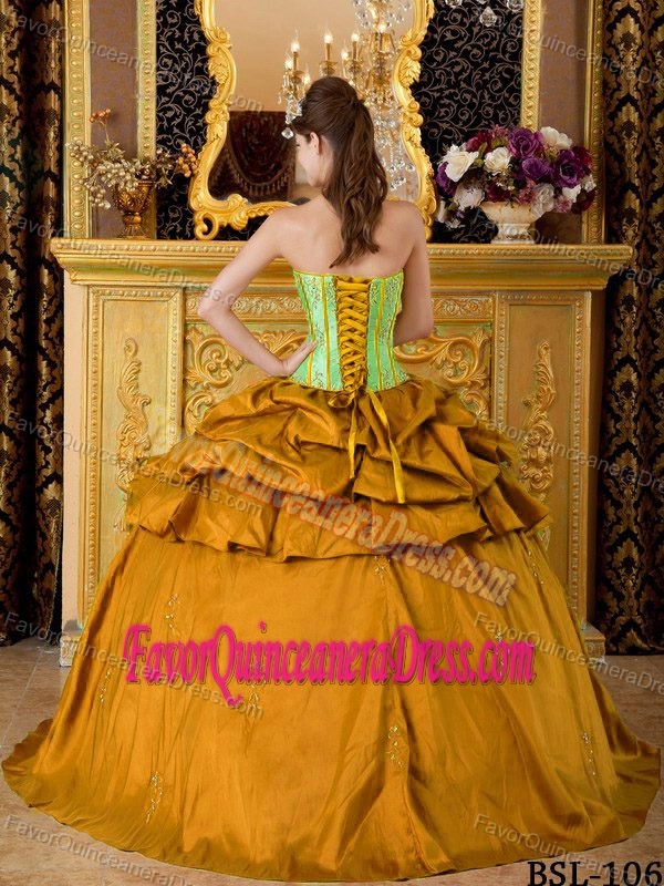 Top Green and Gold Appliqued Strapless Taffeta Quinceanera Dress with Pick-ups