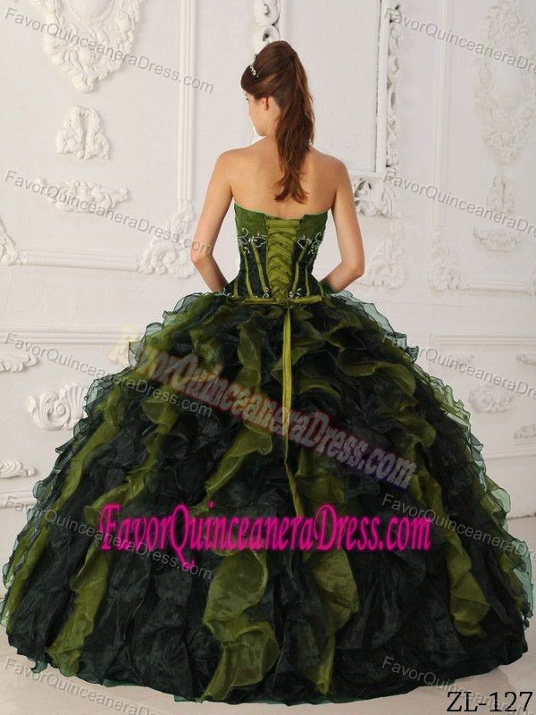Classy Olive and Black Strapless Ruffled Organza Quinceanera Dress with Beading
