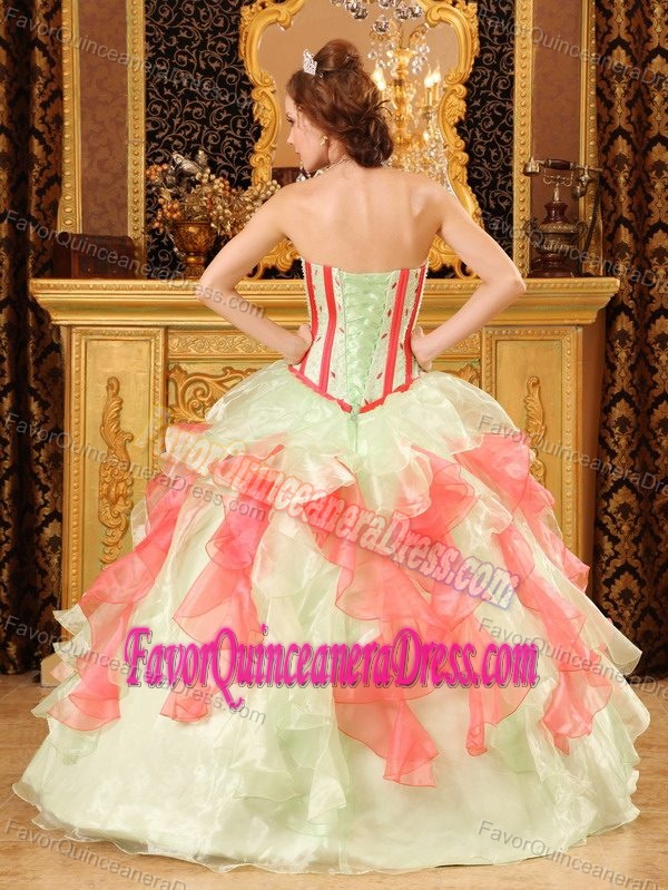 Romantic Light Yellow and Orange Strapless Organza Dress for Quince with Ruffles