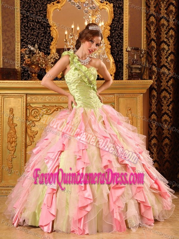 Flounced One-shoulder Multi-colored Organza and Taffeta Beaded Sweet 16 Dress