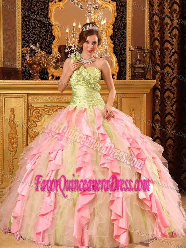 Flounced One-shoulder Multi-colored Organza and Taffeta Beaded Sweet 16 Dress