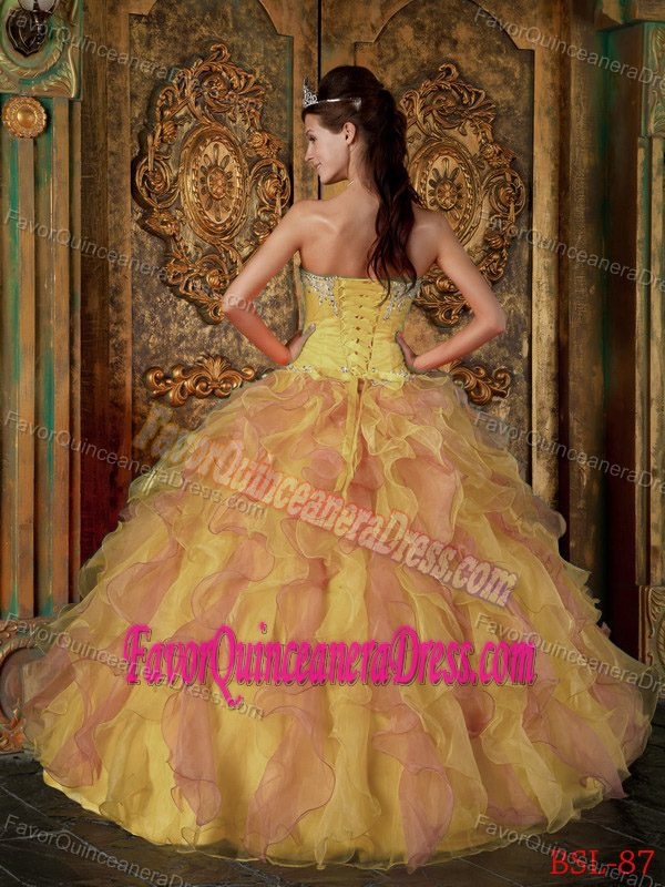 Sweetheart Yellow and Orange Ruffled Organza Dresses for Quince with Beading