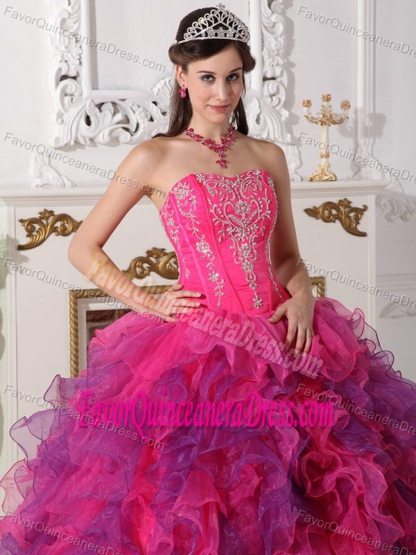 Strapless Floor-length Hot Pink and Purple Organza Dress for Quince with Ruffles