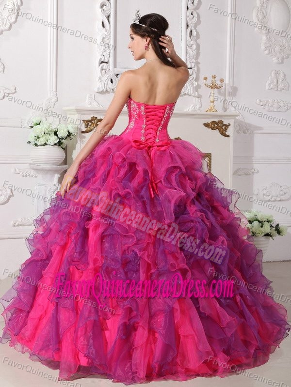 Strapless Floor-length Hot Pink and Purple Organza Dress for Quince with Ruffles