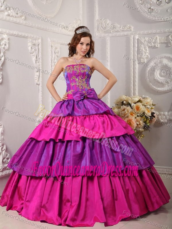 Fuchsia and Purple Strapless Layered Taffeta Quinceanera Gowns with Bowknot