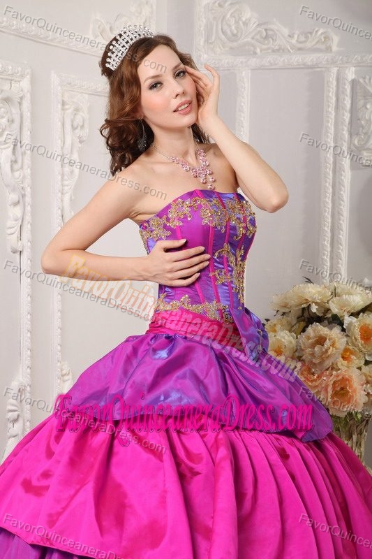Fuchsia and Purple Strapless Layered Taffeta Quinceanera Gowns with Bowknot