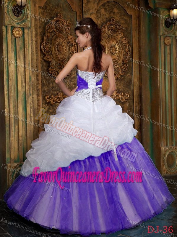 Jeweled Halter White Taffeta and Purple Organza Quinceanera Dress with Pick-ups