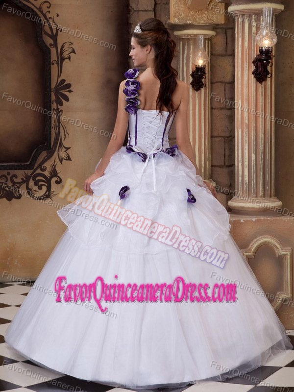 White One-shoulder Satin and Tulle Sweet 16 Dresses with Flowers and Pick-ups