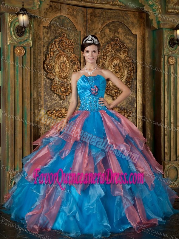 New Blue and Pink Strapless Organza Quinceanera Gowns with Beading and Layers