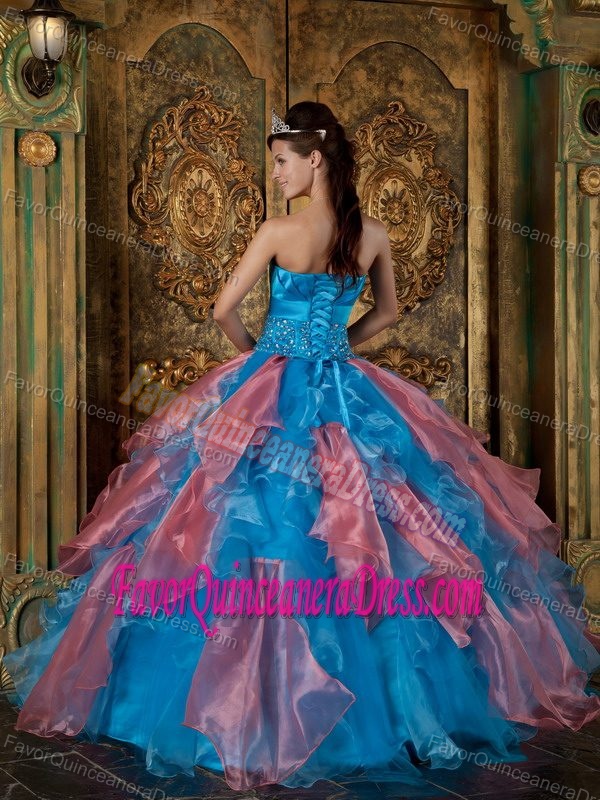 New Blue and Pink Strapless Organza Quinceanera Gowns with Beading and Layers