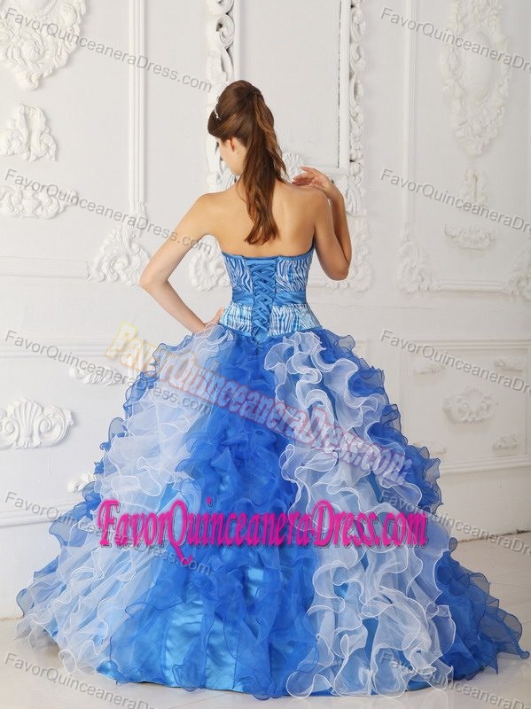 Sweetheart Blue and White Organza Quinceanera Dresses with Ruffles and Beading