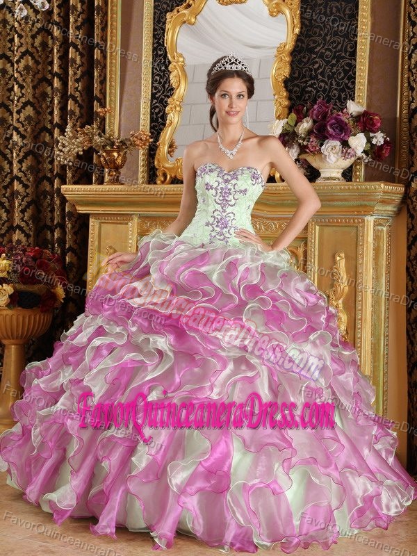 Beautiful Sweetheart Ruffled Pink Nude Organza Dress for Quince with Appliques