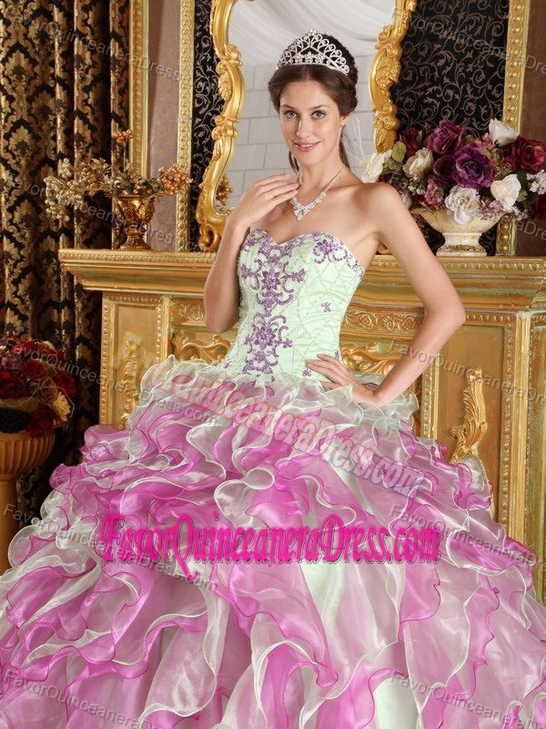 Beautiful Sweetheart Ruffled Pink Nude Organza Dress for Quince with Appliques